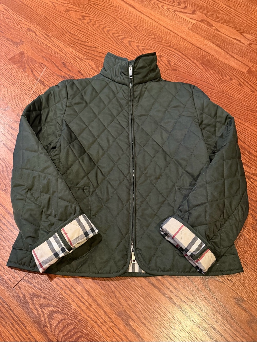 Burberry Olive Quilted Utility Jacket with Signature Plaid Lining Women’s Size S